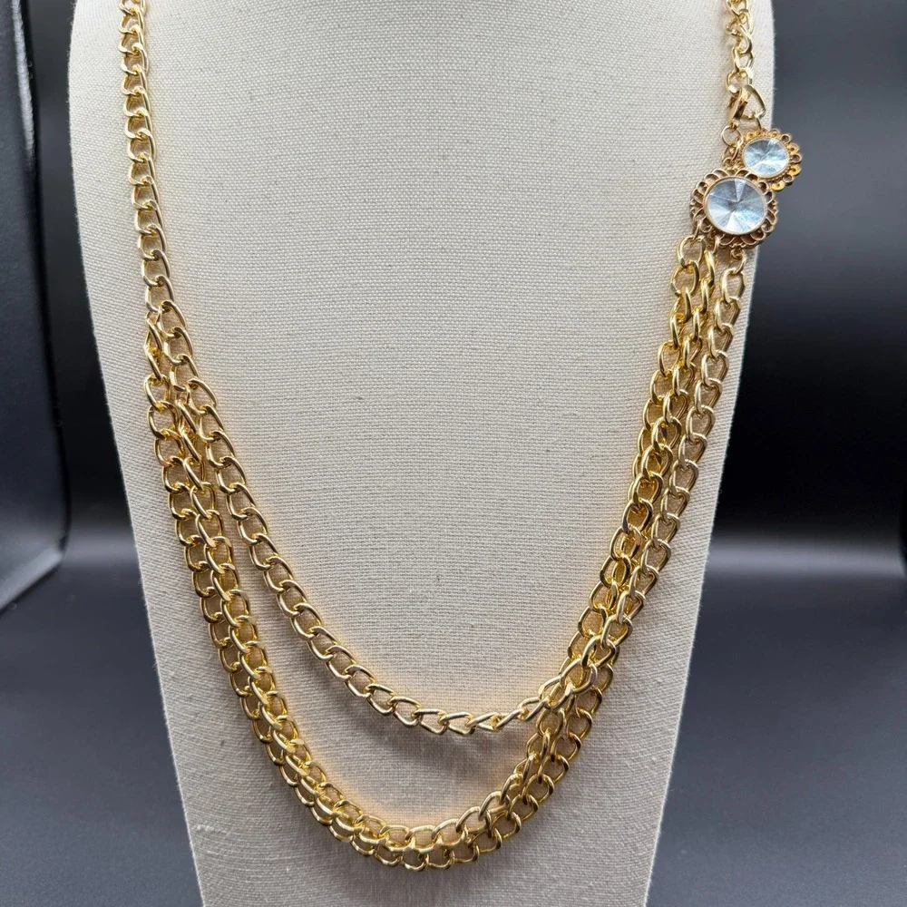 Gold Tone Triple Strand Chain Necklace Clear Rhinestone Statement Layered Boho